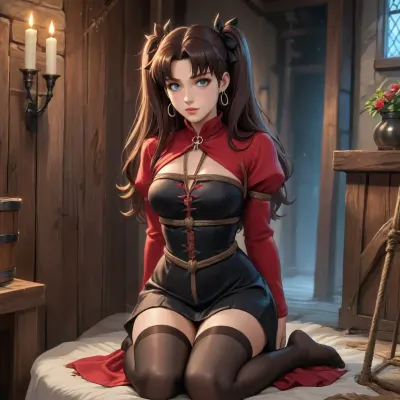 rin tohsaka from fate zero dross style reiq meets, woman, A sexy goth girl wearing a thick collar and black stockings stood in a medieval style BDSM dungeon in rope bondage