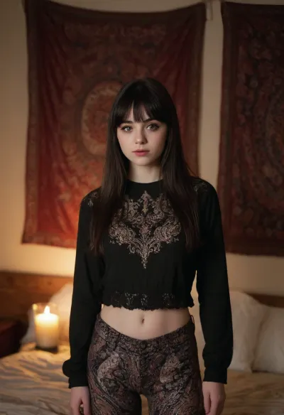 Photorealistic, highly detailed and realistic eyes, face, facial expression, skin with blemishes, hair.
BREAK
The subject is an 18 year old caucasian girl, looks innocent, pale skin, black hair, long hair, bangs, dark eyes, thin, small breasts, wearing black long sleeve loose shirt with paisley and swirling patterns, tight pants, standing in her bedroom, decorated with tapestries, wall hangings, candles.