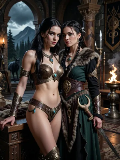 A beautiful adult Cimmerian princess stands in the great hall of a chieftain in Cimmeria, in a dark sword-and-sorcery world inspired by Conan. She is in her mid-twenties, tall, strong and regal, with pale weathered skin, storm-gray eyes, long thick raven-black hair, proud delicate features, and a calm, self-assured expression. She is beautiful in a fierce northern way, more powerful and delicate. She wears luxurious but harsh Cimmerian armor suited to a brutal land, a tight fitted ornate bronze bikini snugly containing her impressive bosom, decorated with bronze clasps, arm rings, belts and carved bone or stone jewelry. One hand rests on the carved arm of a heavy wooden throne.

Behind and slightly beside her stands her female Cimmerian shaman, advisor and lover. She is an equally beautiful adult woman, slightly taller, with pale skin, dark hair braided with bone beads and feathers, piercing gray eyes, and an intense, unreadable expression. She wears layered black, charcoal and deep forest-green robes of wool, fur and leather, decorated with runes, talismans, carved bone charms, antler pieces and ancient tribal symbols. She stands far closer than a mere advisor should, one hand resting lightly and possessively at the princess’s waist as she leans toward her ear as if whispering private counsel. The princess’s relaxed posture and faint private smile reveal intimacy, trust and conspiracy between them.

Subtle ancient magic surrounds the shaman, faint mist around her fingers, a dim cold blue-gray glow in her eyes, and the ghostly suggestion of a wolf, raven or shadowy ancestral spirit hidden in the darkness behind her. The hall is unmistakably Cimmerian, massive timber beams, rough stone walls, carved wooden pillars, animal pelts, shields, spears, bronze braziers, smoky firelight, long benches, ancient banners, and a distant opening showing bleak mountains, dark forests and a storm-heavy sky. The atmosphere is harsh, ancient, intimate and dangerous, with the feeling of tribal power, old bloodlines and forbidden northern magic. Cinematic full-body composition, princess dominant in the foreground, shaman intimately behind her, realistic anatomy, dramatic firelight and cold northern light, richly detailed fur, leather, wood and stone textures, photorealistic dark fantasy, epic sword-and-sorcery film still.