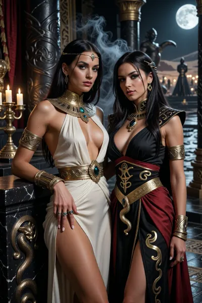 A beautiful adult Stygian princess stands in a grand Stygian palace in the Hyborian Age, dark sword-and-sorcery atmosphere inspired by Conan. She is in her mid-twenties, with deep bronze-brown skin, dark almond eyes, long straight raven-black hair, refined aristocratic features, and a calm, proud, dangerously self-assured expression. She wears luxurious Stygian royal clothing inspired by ancient Egyptian and Near Eastern aesthetics transformed into dark fantasy, a extremely skimpy fitted ivory sheer silk gown with elegant draped fabric, ornate gold collar, jeweled belt, heavy bracelets, armlets, rings, and a delicate gold diadem with a subtle serpent motif. One hand rests on the carved black-stone arm of an ornate throne, the other holds a golden ceremonial cup.

Behind and slightly beside her stands her female Stygian sorcerer, advisor and lover. She is an equally beautiful adult Stygian woman, slightly taller, with dark bronze skin, long black hair, intense almost-black eyes, and an unnervingly calm expression. She wears layered black and deep crimson robes decorated with ancient gold sigils, serpentine embroidery, occult symbols of Set, dark gemstones, and a serpent-shaped talisman of blackened gold. She stands far closer than a mere advisor should, one hand resting lightly and possessively at the princess’s waist as she leans toward her ear as if whispering private counsel. The princess’s relaxed posture and faint private smile reveal intimacy, trust and conspiracy between them.

Subtle magic surrounds the sorceress, faint dark smoke around her fingers, a dim green-gold glow in her eyes, and the ghostly suggestion of a vast serpent shape hidden in the shadows behind her. The palace is unmistakably Stygian, towering black stone columns carved with serpents, golden braziers, red silk curtains, bronze lamps, carved ritual reliefs, polished stone floors, incense smoke, statues of ancient kings and priests, and distant arches opening toward a moonlit desert city and a great dark river. A colossal shadowed statue of Set looms in the background. Luxurious, decadent, dangerous atmosphere. Cinematic full-body composition, princess dominant in the foreground, sorceress intimately behind her, realistic anatomy, dramatic chiaroscuro, warm firelight mixed with cool moonlight, richly detailed fabrics, jewelry and architecture, photorealistic dark fantasy, epic sword-and-sorcery film still.