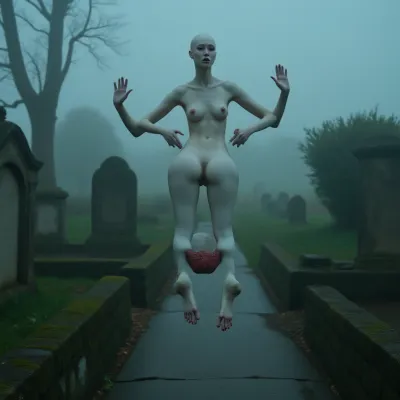 score_9, 1 ghastly female, about 33, very thin, is naked, ghost white skin, in a very foggy 1200's church graveyard, camera view is set far back, 32k image, floating in air, has no legs, ghostly form with no legs, perfect hands with long claw nails, no legs, no feet, ghostly form, floating, very skinny ghastly shape, completely naked, no hair, white ghostly afro hair, blood dripping from claws, evil demonic red eyes with a hollow empty feel, 34C cup breasts, medium size breasts, ghostly white boobs and nipples, everything about the ghost is ghastly and greyish white, raining heavy, old england graveyard, many ancient, tombstones, skeletal hands popping out of a few spots in background, scary environment, very spooky feel