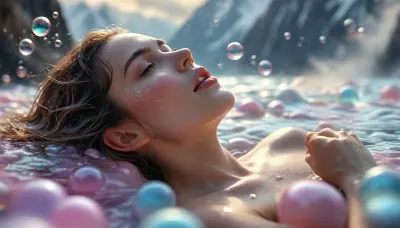 A photorealistic, 24 years old nude slutty woman floats in a dreamlike trance, face in soft focus, surrounded by shimmering soap bubbles, each bubble refracting colors and light, softly distorting a vast mountain landscape behind her, her face is exquisitely detailed, and her hands are graceful, her anatomy is perfect, as she hovers above the peaks, enveloped in a surreal, magical glow, every detail captured in a balance between hyper-realism and dreamlike wonder, (UHD 8K quality:1.5), Macabre, cloudy, smoke, atmospheric, clouds, fog, <lora:MJ52:.1>, <lora:Cloudy_Style:.8>