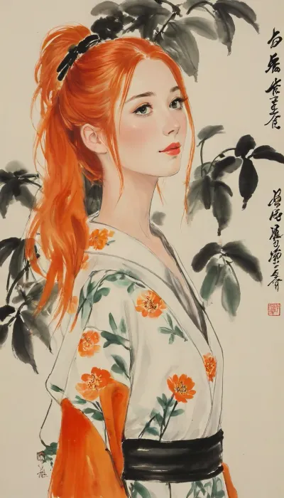 Gwen Tennyson, (bright orange hair), portrayed with the artistic essence of Qi Baishi's renowned brushwork, wearing a kimono, Using minimal strokes, Qi Baishi's signature style brings out Gwen's character, emphasizing its curiosity and independence. Gwen might be depicted in a simple yet evocative setting, surrounded by delicate depictions of flora or objects that offer a glimpse into its world.The overall scene carries a sense of whimsy and an appreciation for the beauty in everyday life, gwen, tennyson, (/Ben10), /, (ultra, HD, quality, details), bright, orange, hair, short, (green, eyes), style, of, Qi, Baishi, baishi, <lora:tbh170-sdxl:2>, <lora:baishi_xl_0_-000004:2>
