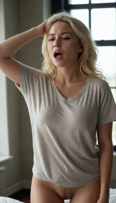 busty blonde, stands near window, oversized T-shirt on naked body, stretching from sleep, arms raised up maximally high, sleepy face expression, yawning contagiously, dark visibly clearly protruding under thin fabric of T-shirt