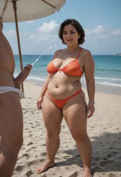 Voyeur, beach, milf, chubby, cameltoe, every day underwear, standing, man masturbate his dick on her, standing nearby, ((ejaculated))