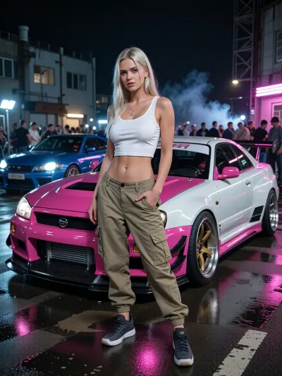 Photorealistic cinematic full-body portrait of a beautiful Danish Scandinavian female street racer in her mid-20s standing confidently in front of her heavily modified Nissan Skyline GT-R at an illegal nighttime street racing event. She has long platinum-blonde hair, striking blue eyes, fair Nordic skin, athletic feminine build, self-assured slightly rebellious expression. She wears a tight fitted white tank top, low-rise khaki cargo pants sitting loosely on her hips, practical sneakers, subtle silver jewelry.

Behind her is her personal highly tuned Nissan Skyline GT-R, aggressive Japanese tuner build, widebody kit, lowered suspension, large performance wheels, low-profile tires, huge intercooler, racing brakes, carbon-fiber details, aerodynamic front splitter and rear wing. Distinctive custom two-tone paint scheme, vivid hot pink and clean pearl white, glossy finish reflecting the surrounding neon lights. The car looks genuinely race-prepared rather than a showroom display.

Nighttime underground street racing meet in an industrial district, wet asphalt reflecting pink, blue and white neon, modified Japanese performance cars and small groups of racers in the background, headlights, faint tire smoke, portable work lights, energetic crowd atmosphere. She stands directly in front of her GT-R as if waiting for her race to be called, relaxed but focused, one hand casually resting near her cargo pocket, unmistakable owner-and-driver body language.

Low cinematic camera angle, 35mm automotive photography, shallow depth of field, realistic skin texture, realistic fabric folds, detailed platinum hair, accurate human anatomy, dramatic neon rim lighting, soft reflections across the car body, subtle atmospheric haze, gritty late-night street racing aesthetic, high-end editorial automotive photography, natural proportions, highly detailed, realistic, cinematic.