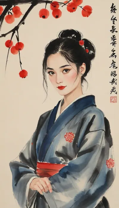 Harley Quinn from Batman, portrayed with the artistic essence of Qi Baishi's renowned brushwork, wearing a kimono, Using minimal strokes, Qi Baishi's signature style brings out Gwen's character, emphasizing its curiosity and independence. Gwen might be depicted in a simple yet evocative setting, surrounded by delicate depictions of flora or objects that offer a glimpse into its world.The overall scene carries a sense of whimsy and an appreciation for the beauty in everyday life, (ultra, HD, quality, details), style, of, Qi, Baishi, baishi, <lora:tbh170-sdxl:2>, <lora:baishi_xl_0_-000004:2>