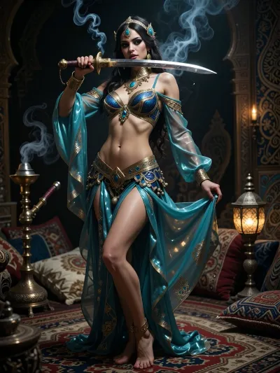 "A stunning digital painting in an impressionistic style showing a close-up view of the belly of a Persian woman performing an Arabic belly dance in an Arabian harem. The woman balances a traditional Arabic-style sword on her face. She wears flowing, vibrant silk sheer transparent garments in a rich turquoise blue color, shimmering with golden accents and deep jewel tones. The intricate details of her attire include traditional Persian embroidery and patterns, showcasing Iranian craftsmanship. Her makeup is intensely dramatic, styled in an Arabic fashion with bold eyeliner, heavy eye shadow, and dark, defined brows. The focus is on her toned abdomen, where the fluid, graceful movements of her belly dance are captured, emphasizing her skill and rhythm. The setting is dark and filled with swirling tendrils of hookah smoke, casting an ethereal haze throughout the room. Rich Persian rugs, plush cushions, and ornate lanterns emit a dim, warm glow. The atmosphere is mysterious, intimate, and thick with the scent of smoke."