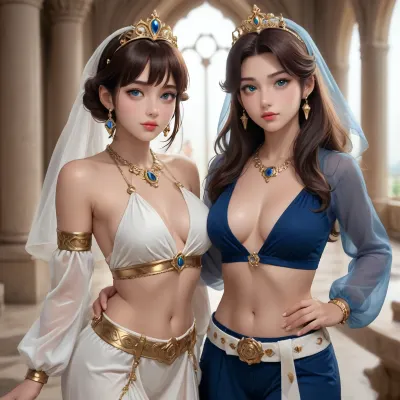 barbara from genshin impact dross style reiq meets A beautiful concubine of the great sultan, a young woman with large, expressive eyes framed by thick eyelashes, full lips, and long dark hair gathered back beneath a translucent, light-coloured veil. On her head is an openwork golden tiara set with a large blue gemstone. Her gaze is confident and direct. She wears a sumptuous harem costume, a luxurious top with long, semi-transparent sleeves, richly embroidered with golden motifs and adorned with gemstones, featuring a plunging neckline and an exposed midriff. A wide gold belt set with the same gemstones. The lower part consists of a dark burgundy velvet skirt with a gold trim. She wears gold drop earrings, a gold necklace with a large sapphire, and gold rings on her fingers. One hand rests on her chest, the other on her hip. She is dancing in a sumptuous palace hall with high gilded arches, blue-and-gold murals, marble columns and a large arched window through which soft, warm daylight streams. In the background are the blurred figures of other concubines. An atmosphere of oriental opulence, the sultan’s harem, soft, three-dimensional lighting, highly detailed textures of skin, fabrics and gold – a masterpiece, of the highest quality, exceptionally detailed