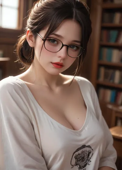 plump woman, oversized shirt, close-up cleavage, updo, glasses, seductive eyes, red lips, soft and tender, dimly lit library, dynamic angle