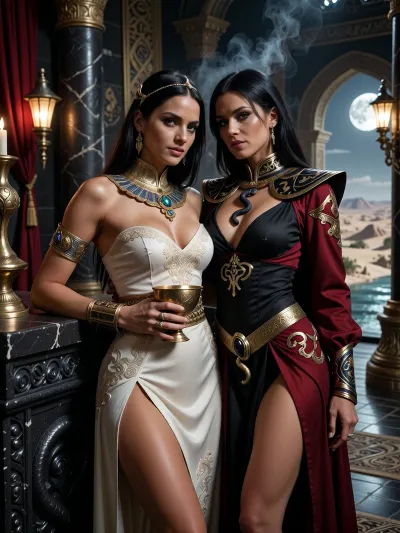 A beautiful adult Stygian princess stands in a grand Stygian palace in the Hyborian Age, dark sword-and-sorcery atmosphere inspired by Conan. She is in her mid-twenties, with deep bronze-brown skin, dark almond eyes, long straight raven-black hair, refined aristocratic features, and a calm, proud, dangerously self-assured expression. She wears luxurious Stygian royal clothing inspired by ancient Egyptian and Near Eastern aesthetics transformed into dark fantasy, a extremely skimpy fitted ivory transparent silk gown with elegant embroidery, ornate gold collar, jeweled belt, heavy bracelets, armlets, rings, and a delicate gold diadem with a subtle serpent motif. One hand rests on the carved black-stone arm of an ornate throne, the other holds a golden ceremonial cup.

Behind and slightly beside her stands her female Stygian sorcerer, advisor and lover. She is an equally beautiful adult Stygian woman, slightly taller, with dark bronze skin, long black hair, intense almost-black eyes, and an unnervingly calm expression. She wears layered black and deep crimson robes decorated with ancient gold sigils, serpentine embroidery, occult symbols of Set, dark gemstones, and a serpent-shaped talisman of blackened gold. She stands far closer than a mere advisor should, one hand resting lightly and possessively at the princess’s waist as she leans toward her ear as if whispering private counsel. The princess’s relaxed posture and faint private smile reveal intimacy, trust and conspiracy between them.

Subtle magic surrounds the sorceress, faint dark smoke around her fingers, a dim green-gold glow in her eyes, and the ghostly suggestion of a vast serpent shape hidden in the shadows behind her. The palace is unmistakably Stygian, towering black stone columns carved with serpents, golden braziers, red silk curtains, bronze lamps, carved ritual reliefs, polished stone floors, incense smoke, statues of ancient kings and priests, and distant arches opening toward a moonlit desert city and a great dark river. A colossal shadowed statue of Set looms in the background. Luxurious, decadent, dangerous atmosphere. Cinematic full-body composition, princess dominant in the foreground, sorceress intimately behind her, realistic anatomy, dramatic chiaroscuro, warm firelight mixed with cool moonlight, richly detailed fabrics, jewelry and architecture, photorealistic dark fantasy, epic sword-and-sorcery film still.