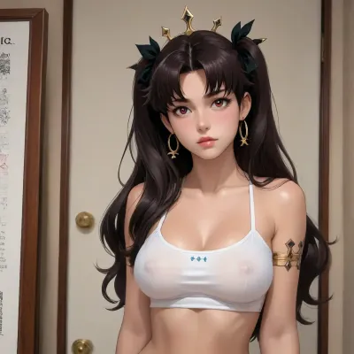 ishtar from fate/grand order dross style reiq meets, woman, this is an amateur photo taken from smartphone, bad quality photo. The lighting is soft overhead diffused.an extreme close-up of a perfect perky breast and a male hand squeezing the breast, the hand wraps from the bottom all the boob and squeeze hard, deforming its shape.the breast is in fair skin and has a tattoo. the tattoo says 'Porn'. the 'o' from 'Porn' is actually de nipple, so the 'P' is on left side of the nipple and the 'rn' is on right side, the nipple has a black outline.