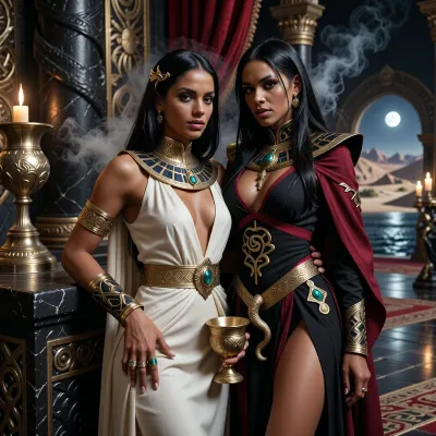 A beautiful adult Stygian princess stands in a grand Stygian palace in the Hyborian Age, dark sword-and-sorcery atmosphere inspired by Conan. She is in her mid-twenties, with deep bronze-brown skin, dark almond eyes, long straight raven-black hair, refined aristocratic features, and a calm, proud, dangerously self-assured expression. She wears luxurious Stygian royal clothing inspired by ancient Egyptian and Near Eastern aesthetics transformed into dark fantasy, a fitted ivory linen gown with elegant draped fabric, ornate gold collar, jeweled belt, heavy bracelets, armlets, rings, and a delicate gold diadem with a subtle serpent motif. One hand rests on the carved black-stone arm of an ornate throne, the other loosely holds a golden ceremonial cup.

Behind and slightly beside her stands her female Stygian sorcerer, advisor and lover. She is an equally beautiful adult Stygian woman, slightly taller, with dark bronze skin, long black hair, intense almost-black eyes, and an unnervingly calm expression. She wears layered black and deep crimson robes decorated with ancient gold sigils, serpentine embroidery, occult symbols of Set, dark gemstones, and a serpent-shaped talisman of blackened gold. She stands far closer than a mere advisor should, one hand resting lightly and possessively at the princess’s waist as she leans toward her ear as if whispering private counsel. The princess’s relaxed posture and faint private smile reveal intimacy, trust and conspiracy between them.

Subtle magic surrounds the sorceress, faint dark smoke around her fingers, a dim green-gold glow in her eyes, and the ghostly suggestion of a vast serpent shape hidden in the shadows behind her. The palace is unmistakably Stygian, towering black stone columns carved with serpents, golden braziers, red silk curtains, bronze lamps, carved ritual reliefs, polished stone floors, incense smoke, statues of ancient kings and priests, and distant arches opening toward a moonlit desert city and a great dark river. A colossal shadowed statue of Set looms in the background. Luxurious, decadent, dangerous atmosphere. Cinematic full-body composition, princess dominant in the foreground, sorceress intimately behind her, realistic anatomy, dramatic chiaroscuro, warm firelight mixed with cool moonlight, richly detailed fabrics, jewelry and architecture, photorealistic dark fantasy, epic sword-and-sorcery film still.