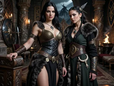 A beautiful adult Cimmerian princess stands in the great hall of a chieftain in Cimmeria, in a dark sword-and-sorcery world inspired by Conan. She is in her mid-twenties, tall, strong and regal, with pale weathered skin, storm-gray eyes, long thick raven-black hair, proud delicate features, and a calm, self-assured expression. She is beautiful in a fierce northern way, more powerful and delicate. She wears luxurious but harsh Cimmerian noble clothing suited to a brutal land, a dark wool loincloth layered with leather and heavy fur, fitted enough to show rank without looking modern, decorated with knotwork embroidery, bronze clasps, arm rings, belts and carved bone or stone jewelry, and a tight fitted ornate bronze chainmail bikini top snugly containing her ample bosom. One hand rests on the carved arm of a heavy wooden throne.

Behind and slightly beside her stands her female Cimmerian shaman, advisor and lover. She is an equally beautiful adult woman, slightly taller, with pale skin, dark hair braided with bone beads and feathers, piercing gray eyes, and an intense, unreadable expression. She wears layered black, charcoal and deep forest-green robes of wool, fur and leather, decorated with runes, talismans, carved bone charms, antler pieces and ancient tribal symbols. She stands far closer than a mere advisor should, one hand resting lightly and possessively at the princess’s waist as she leans toward her ear as if whispering private counsel. The princess’s relaxed posture and faint private smile reveal intimacy, trust and conspiracy between them.

Subtle ancient magic surrounds the shaman, faint mist around her fingers, a dim cold blue-gray glow in her eyes, and the ghostly suggestion of a wolf, raven or shadowy ancestral spirit hidden in the darkness behind her. The hall is unmistakably Cimmerian, massive timber beams, rough stone walls, carved wooden pillars, animal pelts, shields, spears, bronze braziers, smoky firelight, long benches, ancient banners, and a distant opening showing bleak mountains, dark forests and a storm-heavy sky. The atmosphere is harsh, ancient, intimate and dangerous, with the feeling of tribal power, old bloodlines and forbidden northern magic. Cinematic full-body composition, princess dominant in the foreground, shaman intimately behind her, realistic anatomy, dramatic firelight and cold northern light, richly detailed fur, leather, wood and stone textures, photorealistic dark fantasy, epic sword-and-sorcery film still.