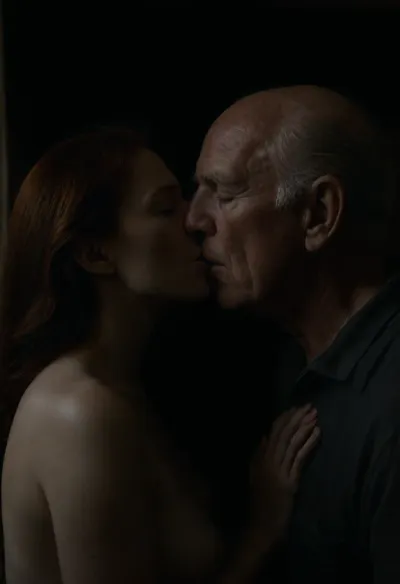 ((Redhead woman 25 year old big boobs innocent standing in cottage bedroom)), ((medium boobs)), medium hips, long straight hair, ((cute body)), light long chemise, no bra, ((2 grandpa, one man violently covers her mouth +gropes her breast, +presses her down)), ((grandpa groping the woman’s tits, extremely sexy expression)), ((grandpa fingering her pussy)), (woman kissing grandpa, eyes closed), side view, perfect hands, perfect fingers, perfect anatomy, realistic skin, pores on skin freckles moles spots wrinkles, <lora:dark:.8>, detailxl