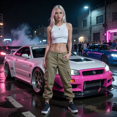 Photorealistic cinematic full-body portrait of a beautiful Danish Scandinavian female street racer in her mid-20s standing confidently in front of her heavily modified Nissan Skyline GT-R at an illegal nighttime street racing event. She has long platinum-blonde hair, striking blue eyes, fair Nordic skin, athletic feminine build, self-assured slightly rebellious expression. She wears a tight fitted white tank top, low-rise khaki cargo pants sitting loosely on her hips, practical sneakers, subtle silver jewelry.

Behind her is her personal highly tuned Nissan Skyline GT-R, aggressive Japanese tuner build, widebody kit, lowered suspension, large performance wheels, low-profile tires, huge intercooler, racing brakes, carbon-fiber details, aerodynamic front splitter and rear wing. Distinctive custom two-tone paint scheme, vivid hot pink and clean pearl white, glossy finish reflecting the surrounding neon lights. The car looks genuinely race-prepared rather than a showroom display.

Nighttime underground street racing meet in an industrial district, wet asphalt reflecting pink, blue and white neon, modified Japanese performance cars and small groups of racers in the background, headlights, faint tire smoke, portable work lights, energetic crowd atmosphere. She stands directly in front of her GT-R as if waiting for her race to be called, relaxed but focused, one hand casually resting near her cargo pocket, unmistakable owner-and-driver body language.

Low cinematic camera angle, 35mm automotive photography, shallow depth of field, realistic skin texture, realistic fabric folds, detailed platinum hair, accurate human anatomy, dramatic neon rim lighting, soft reflections across the car body, subtle atmospheric haze, gritty late-night street racing aesthetic, high-end editorial automotive photography, natural proportions, highly detailed, realistic, cinematic.