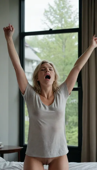 busty blonde, stands near window, oversized T-shirt on naked body, stretching from sleep, arms raised up maximally high, sleepy face expression, yawning contagiously, dark visibly clearly protruding under thin fabric of T-shirt