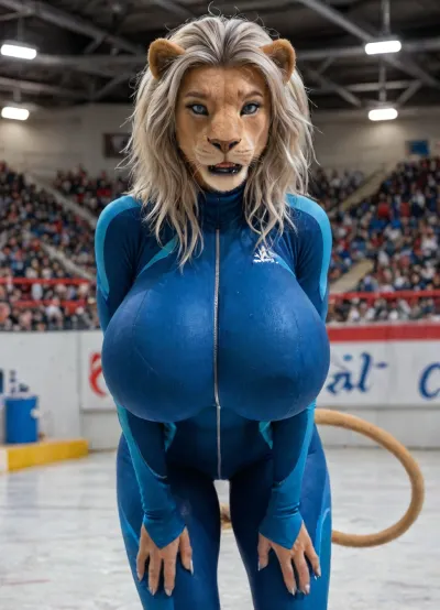 Masterpiece, high Quality, Best Quality, very awa, ((anthro female, lion woman, anthrofied, feline, blue eyes, Beautiful face, lion tail, Athletic body)), looking at viewer, gray hair, hair covering left eye, finger claws, fangs, black lips, (gigantic breasts), indoor ice rink, empty ice rink, she is an olympic speed skater, (wearing a blue olympic speed skating suit:1.3), hyper tight spandex speed skating suit, hyper shiny wet spandex bodysuit, blue with white and red speed skating suit, suit is zipped up to her neck, (front view:1.3), beautiful composition, intricate detail, intricate details, masterpiece, ultra-HD, (((furry art, anthro woman))), high detail, bedroom, best quality, <lora:add-detail-xl:1.2>, <lora:LCMTurboMix_Euler_A_fix:.8>