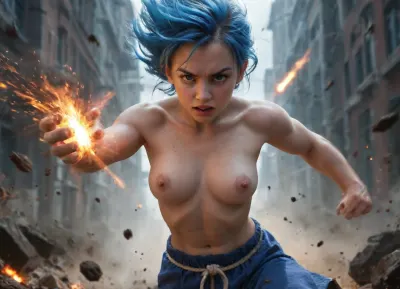 realistic style, female version of Goku fighting at war, raging, blue hair, topless, breasts exposed, character design, body is adorned with glowing blue runes, blue aura around her, body dynamic epic action pose, intricate, highly detailed, epic and dynamic composition, dynamic angle, intricate details, multicolor explosion, blur effect, sharp focus, uhd, hdr, colorful shot, stormy weather, tons of flying debris around her, dark city background, Gohan, Beast, with, intense, ki, aura, around, her, body, and, Spiky, Long, White, Hairs, serious, expression, red, eyes, detailxl, <lora:Gohan beast:1.6>, <lora:add-detail-xl:.8>