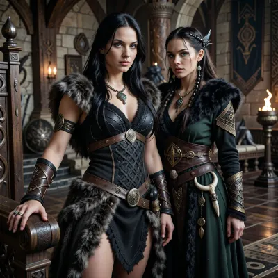 A beautiful adult Cimmerian princess stands in the great hall of a chieftain in Cimmeria, in a dark sword-and-sorcery world inspired by Conan. She is in her mid-twenties, tall, strong and regal, with pale weathered skin, storm-gray eyes, long thick raven-black hair, proud delicate features, and a calm, self-assured expression. She is beautiful in a fierce northern way, more powerful and delicate. She wears luxurious but harsh Cimmerian noble clothing suited to a brutal land, a dark wool loincloth layered with leather and heavy fur, fitted enough to show rank without looking modern, decorated with knotwork embroidery, bronze clasps, arm rings, belts and carved bone or stone jewelry. One hand rests on the carved arm of a heavy wooden throne.

Behind and slightly beside her stands her female Cimmerian shaman, advisor and lover. She is an equally beautiful adult woman, slightly taller, with pale skin, dark hair braided with bone beads and feathers, piercing gray eyes, and an intense, unreadable expression. She wears layered black, charcoal and deep forest-green robes of wool, fur and leather, decorated with runes, talismans, carved bone charms, antler pieces and ancient tribal symbols. She stands far closer than a mere advisor should, one hand resting lightly and possessively at the princess’s waist as she leans toward her ear as if whispering private counsel. The princess’s relaxed posture and faint private smile reveal intimacy, trust and conspiracy between them.

Subtle ancient magic surrounds the shaman, faint mist around her fingers, a dim cold blue-gray glow in her eyes, and the ghostly suggestion of a wolf, raven or shadowy ancestral spirit hidden in the darkness behind her. The hall is unmistakably Cimmerian, massive timber beams, rough stone walls, carved wooden pillars, animal pelts, shields, spears, bronze braziers, smoky firelight, long benches, ancient banners, and a distant opening showing bleak mountains, dark forests and a storm-heavy sky. The atmosphere is harsh, ancient, intimate and dangerous, with the feeling of tribal power, old bloodlines and forbidden northern magic. Cinematic full-body composition, princess dominant in the foreground, shaman intimately behind her, realistic anatomy, dramatic firelight and cold northern light, richly detailed fur, leather, wood and stone textures, photorealistic dark fantasy, epic sword-and-sorcery film still.