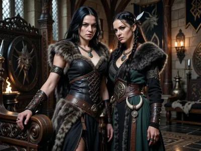 A beautiful adult Cimmerian princess stands in the great hall of a chieftain in Cimmeria, in a dark sword-and-sorcery world inspired by Conan. She is in her mid-twenties, tall, strong and regal, with pale weathered skin, storm-gray eyes, long thick raven-black hair, proud delicate features, and a calm, self-assured expression. She is beautiful in a fierce northern way, more powerful and delicate. She wears luxurious but harsh Cimmerian noble clothing suited to a brutal land, a dark wool loincloth layered with leather and heavy fur, fitted enough to show rank without looking modern, decorated with knotwork embroidery, bronze clasps, arm rings, belts and carved bone or stone jewelry. One hand rests on the carved arm of a heavy wooden throne.

Behind and slightly beside her stands her female Cimmerian shaman, advisor and lover. She is an equally beautiful adult woman, slightly taller, with pale skin, dark hair braided with bone beads and feathers, piercing gray eyes, and an intense, unreadable expression. She wears layered black, charcoal and deep forest-green robes of wool, fur and leather, decorated with runes, talismans, carved bone charms, antler pieces and ancient tribal symbols. She stands far closer than a mere advisor should, one hand resting lightly and possessively at the princess’s waist as she leans toward her ear as if whispering private counsel. The princess’s relaxed posture and faint private smile reveal intimacy, trust and conspiracy between them.

Subtle ancient magic surrounds the shaman, faint mist around her fingers, a dim cold blue-gray glow in her eyes, and the ghostly suggestion of a wolf, raven or shadowy ancestral spirit hidden in the darkness behind her. The hall is unmistakably Cimmerian, massive timber beams, rough stone walls, carved wooden pillars, animal pelts, shields, spears, bronze braziers, smoky firelight, long benches, ancient banners, and a distant opening showing bleak mountains, dark forests and a storm-heavy sky. The atmosphere is harsh, ancient, intimate and dangerous, with the feeling of tribal power, old bloodlines and forbidden northern magic. Cinematic full-body composition, princess dominant in the foreground, shaman intimately behind her, realistic anatomy, dramatic firelight and cold northern light, richly detailed fur, leather, wood and stone textures, photorealistic dark fantasy, epic sword-and-sorcery film still.