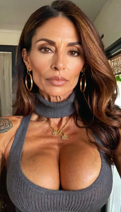 lazy eye, huge fake tits cleavage, turtleneck knit sweater, ((old, 50yo)), handcuffed, gold hoop earrings, nose ring, tattoos, sexy neck, ((old brown hair mom woman)), (tan skin), (skinny muscle), (beautiful Mexican instagram model face), (fit body), very beautiful, perfect skinny body, perfect face, looking at the camera, perfect eyes, (skinny fit), pretty, snub-nosed, long hair, 4ng3l, face, <lora:clothed_small:1.8>, <lora:SDXL_BetterFaces-LoRA_v1:.8>