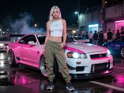 Photorealistic cinematic full-body portrait of a beautiful Danish Scandinavian female street racer in her mid-20s standing confidently in front of her heavily modified Nissan Skyline GT-R at an illegal nighttime street racing event. She has long platinum-blonde hair, striking blue eyes, fair Nordic skin, athletic feminine build, self-assured slightly rebellious expression. She wears a tight fitted white tank top, low-rise khaki cargo pants sitting loosely on her hips, practical sneakers, subtle silver jewelry.

Behind her is her personal highly tuned Nissan Skyline GT-R, aggressive Japanese tuner build, widebody kit, lowered suspension, large performance wheels, low-profile tires, huge intercooler, racing brakes, carbon-fiber details, aerodynamic front splitter and rear wing. Distinctive custom two-tone paint scheme, vivid hot pink and clean pearl white, glossy finish reflecting the surrounding neon lights. The car looks genuinely race-prepared rather than a showroom display.

Nighttime underground street racing meet in an industrial district, wet asphalt reflecting pink, blue and white neon, modified Japanese performance cars and small groups of racers in the background, headlights, faint tire smoke, portable work lights, energetic crowd atmosphere. She stands directly in front of her GT-R as if waiting for her race to be called, relaxed but focused, one hand casually resting near her cargo pocket, unmistakable owner-and-driver body language.

Low cinematic camera angle, 35mm automotive photography, shallow depth of field, realistic skin texture, realistic fabric folds, detailed platinum hair, accurate human anatomy, dramatic neon rim lighting, soft reflections across the car body, subtle atmospheric haze, gritty late-night street racing aesthetic, high-end editorial automotive photography, natural proportions, highly detailed, realistic, cinematic.