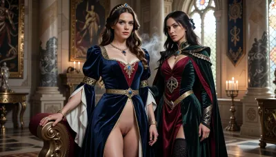 A beautiful adult Aquilonian princess stands in a magnificent royal palace in Aquilonia, in a dark sword-and-sorcery world inspired by Conan. She is in her mid-twenties, tall, poised and regal, with fair skin, expressive blue or gray eyes, and long wavy chestnut or dark blonde hair styled in elegant noble fashion. Her features are refined, aristocratic and intelligent, and her expression is calm, proud and self-assured. She wears luxurious Aquilonian royal clothing inspired by high medieval and late antique nobility, transformed into grounded dark fantasy, a rich pinafore gown of deep blue, ivory or crimson velvet and silk, with slit from her waist all the way down the front of the gown giving a clear view of her smoothly shaven pussy, fitted but regal, with flowing sleeves, gold embroidery, jeweled trim, a delicate golden circlet, rings, bracelets and a fine ceremonial belt. One hand rests on the carved arm of an ornate throne.

Behind and slightly beside her stands her female Aquilonian sorceress, advisor and lover. She is an equally beautiful adult woman, slightly taller, with pale skin, long dark brown or black hair, striking gray or green eyes, and an intense, unreadable expression. She wears layered robes in black, wine red and deep forest green, made of fine velvet, silk and embroidered fabric, adorned with subtle occult symbols, gold details, dark gemstones and an ancient talisman. She stands far closer than a mere advisor should, one hand resting lightly and possessively at the princess’s waist as she leans toward her ear as if whispering private counsel. The princess’s relaxed posture and faint private smile reveal intimacy, trust and conspiracy between them.

Subtle magic surrounds the sorceress, faint drifting smoke around her fingers, a dim cold glow in her eyes, and the ghostly suggestion of ancient arcane symbols hidden in the shadows behind her. The palace is unmistakably Aquilonian, tall marble columns, rich tapestries, carved stone arches, polished floors, bronze braziers, candlelight, noble banners, statues of kings and heroes, stained glass or high arched windows, and distant balconies overlooking a great royal city. The atmosphere is luxurious, civilized, politically dangerous and touched by secret sorcery. Cinematic full-body composition, princess dominant in the foreground, sorceress intimately behind her, realistic anatomy, dramatic warm candlelight mixed with cool daylight, richly detailed fabrics, jewelry and architecture, photorealistic dark fantasy, epic sword-and-sorcery film still.