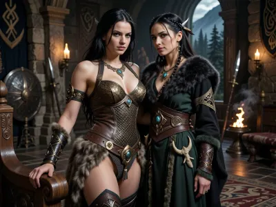 A beautiful adult Cimmerian princess stands in the great hall of a chieftain in Cimmeria, in a dark sword-and-sorcery world inspired by Conan. She is in her mid-twenties, tall, strong and regal, with pale weathered skin, storm-gray eyes, long thick raven-black hair, proud delicate features, and a calm, self-assured expression. She is beautiful in a fierce northern way, more powerful and delicate. She wears luxurious but harsh Cimmerian armor suited to a brutal land, a tight fitted ornate bronze chainmail bikini snugly containing her ample bosom layered with leather and heavy fur, fitted enough to show rank without looking modern, decorated with bronze clasps, arm rings, belts and carved bone or stone jewelry. One hand rests on the carved arm of a heavy wooden throne.

Behind and slightly beside her stands her female Cimmerian shaman, advisor and lover. She is an equally beautiful adult woman, slightly taller, with pale skin, dark hair braided with bone beads and feathers, piercing gray eyes, and an intense, unreadable expression. She wears layered black, charcoal and deep forest-green robes of wool, fur and leather, decorated with runes, talismans, carved bone charms, antler pieces and ancient tribal symbols. She stands far closer than a mere advisor should, one hand resting lightly and possessively at the princess’s waist as she leans toward her ear as if whispering private counsel. The princess’s relaxed posture and faint private smile reveal intimacy, trust and conspiracy between them.

Subtle ancient magic surrounds the shaman, faint mist around her fingers, a dim cold blue-gray glow in her eyes, and the ghostly suggestion of a wolf, raven or shadowy ancestral spirit hidden in the darkness behind her. The hall is unmistakably Cimmerian, massive timber beams, rough stone walls, carved wooden pillars, animal pelts, shields, spears, bronze braziers, smoky firelight, long benches, ancient banners, and a distant opening showing bleak mountains, dark forests and a storm-heavy sky. The atmosphere is harsh, ancient, intimate and dangerous, with the feeling of tribal power, old bloodlines and forbidden northern magic. Cinematic full-body composition, princess dominant in the foreground, shaman intimately behind her, realistic anatomy, dramatic firelight and cold northern light, richly detailed fur, leather, wood and stone textures, photorealistic dark fantasy, epic sword-and-sorcery film still.