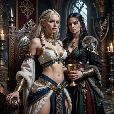 A beautiful adult Æsir princess stands in a magnificent royal hall in Asgard, in a dark mythic fantasy world inspired by Norse legend and heroic sword-and-sorcery. She is in her mid-twenties, tall, regal and powerful, with fair skin, striking blue-gray eyes, and long pale blonde hair braided with gold rings and small runic ornaments. Her features are noble, elegant and strong, and her expression is calm, proud and self-assured. She wears luxurious Asgardian royal clothing, a finely woven ivory and deep blue bikini layered with rich wool, linen and fur, fitted but regal, with embroidered knotwork, gold trim, heavy arm rings, rings, a broad gold neck collar, and a delicate circlet shaped with subtle raven and sun motifs. One hand rests on the carved arm of a great wooden throne, the other holds a ceremonial golden cup.

Behind and slightly beside her stands her female Æsir sorceress, advisor and lover. She is an equally beautiful adult woman, slightly taller, with fair skin, long ash-blonde hair, pale gray eyes, and an intense, unreadable expression. She wears layered robes in black, deep green and muted crimson, trimmed with fur and embroidered with runes and knotwork, adorned with gold jewelry, carved amber, and a small talisman shaped like a raven or serpent. She stands far closer than a mere advisor should, one hand resting lightly and possessively at the princess’s waist as she leans toward her ear as if whispering private counsel. The princess’s relaxed posture and faint private smile reveal intimacy, trust and conspiracy between them.

Subtle magic surrounds the sorceress, faint drifting mist around her fingers, a dim cold blue glow in her eyes, and the ghostly suggestion of ancient runes or a great spectral serpent or raven hidden in the shadows behind her. The hall is unmistakably Asgardian, towering carved wooden pillars, knotwork beams, braziers burning with warm firelight, banners, furs, shields and ceremonial spears on the walls, intricate carvings of gods and heroes, polished stone and wood floors, and distant arches opening toward a dramatic sky, mountains and golden light. The atmosphere is majestic, ancient, luxurious and dangerous, with the feeling of royal intrigue and old magic. Cinematic full-body composition, princess dominant in the foreground, sorceress intimately behind her, realistic anatomy, dramatic lighting, richly detailed fabrics, jewelry and architecture, photorealistic dark mythic fantasy, epic fantasy film still.
