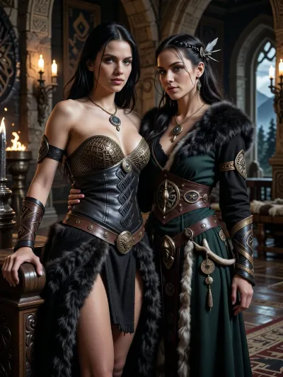 A beautiful adult Cimmerian princess stands in the great hall of a chieftain in Cimmeria, in a dark sword-and-sorcery world inspired by Conan. She is in her mid-twenties, tall, strong and regal, with pale weathered skin, storm-gray eyes, long thick raven-black hair, proud delicate features, and a calm, self-assured expression. She is beautiful in a fierce northern way, more powerful and delicate. She wears luxurious but harsh Cimmerian noble clothing suited to a brutal land, a dark wool loincloth layered with leather and heavy fur, fitted enough to show rank without looking modern, decorated with knotwork embroidery, bronze clasps, arm rings, belts and carved bone or stone jewelry, and a tight fitted ornate bronze chainmail bikini top snugly containing her ample bosom. One hand rests on the carved arm of a heavy wooden throne.

Behind and slightly beside her stands her female Cimmerian shaman, advisor and lover. She is an equally beautiful adult woman, slightly taller, with pale skin, dark hair braided with bone beads and feathers, piercing gray eyes, and an intense, unreadable expression. She wears layered black, charcoal and deep forest-green robes of wool, fur and leather, decorated with runes, talismans, carved bone charms, antler pieces and ancient tribal symbols. She stands far closer than a mere advisor should, one hand resting lightly and possessively at the princess’s waist as she leans toward her ear as if whispering private counsel. The princess’s relaxed posture and faint private smile reveal intimacy, trust and conspiracy between them.

Subtle ancient magic surrounds the shaman, faint mist around her fingers, a dim cold blue-gray glow in her eyes, and the ghostly suggestion of a wolf, raven or shadowy ancestral spirit hidden in the darkness behind her. The hall is unmistakably Cimmerian, massive timber beams, rough stone walls, carved wooden pillars, animal pelts, shields, spears, bronze braziers, smoky firelight, long benches, ancient banners, and a distant opening showing bleak mountains, dark forests and a storm-heavy sky. The atmosphere is harsh, ancient, intimate and dangerous, with the feeling of tribal power, old bloodlines and forbidden northern magic. Cinematic full-body composition, princess dominant in the foreground, shaman intimately behind her, realistic anatomy, dramatic firelight and cold northern light, richly detailed fur, leather, wood and stone textures, photorealistic dark fantasy, epic sword-and-sorcery film still.
