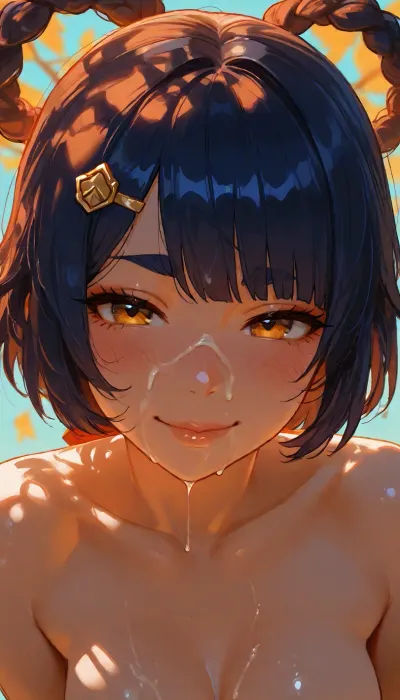 1girl, Xiangling from Genshin Impact, hairclip, sidelocks tied back, solo, smiling, abstract background, aqua background, lips, looking at viewer, seductive, half-closed eyes, cum dripping from side of her mouth, cum on face, WARM COLORS. CONTRAST, facial, smile, horny face, naughty face, blushing, (dappled light, dappled sunlight), <lora:MJ52:1.6>, <lora:Jeweled eyes-NAI:.9>, <lora:BUT_SDXL_SHS:.9>, <lora:SDXL Detail:1>, <lora:detailed_notrigger:1.6>