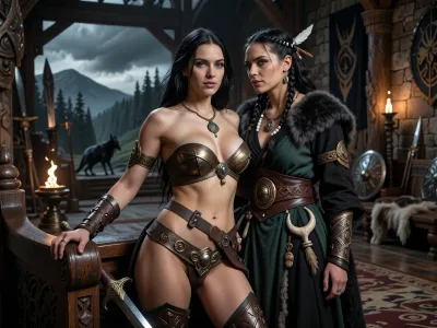 A beautiful adult Cimmerian princess stands in the great hall of a chieftain in Cimmeria, in a dark sword-and-sorcery world inspired by Conan. She is in her mid-twenties, tall, strong and regal, with pale weathered skin, storm-gray eyes, long thick raven-black hair, proud delicate features, and a calm, self-assured expression. She is beautiful in a fierce northern way, more powerful and delicate. She wears luxurious but harsh Cimmerian armor suited to a brutal land, a tight fitted ornate bronze bikini snugly containing her impressive bosom, decorated with bronze clasps, arm rings, belts and carved bone or stone jewelry. One hand rests on the carved arm of a heavy wooden throne.

Behind and slightly beside her stands her female Cimmerian shaman, advisor and lover. She is an equally beautiful adult woman, slightly taller, with pale skin, dark hair braided with bone beads and feathers, piercing gray eyes, and an intense, unreadable expression. She wears layered black, charcoal and deep forest-green robes of wool, fur and leather, decorated with runes, talismans, carved bone charms, antler pieces and ancient tribal symbols. She stands far closer than a mere advisor should, one hand resting lightly and possessively at the princess’s waist as she leans toward her ear as if whispering private counsel. The princess’s relaxed posture and faint private smile reveal intimacy, trust and conspiracy between them.

Subtle ancient magic surrounds the shaman, faint mist around her fingers, a dim cold blue-gray glow in her eyes, and the ghostly suggestion of a wolf, raven or shadowy ancestral spirit hidden in the darkness behind her. The hall is unmistakably Cimmerian, massive timber beams, rough stone walls, carved wooden pillars, animal pelts, shields, spears, bronze braziers, smoky firelight, long benches, ancient banners, and a distant opening showing bleak mountains, dark forests and a storm-heavy sky. The atmosphere is harsh, ancient, intimate and dangerous, with the feeling of tribal power, old bloodlines and forbidden northern magic. Cinematic full-body composition, princess dominant in the foreground, shaman intimately behind her, realistic anatomy, dramatic firelight and cold northern light, richly detailed fur, leather, wood and stone textures, photorealistic dark fantasy, epic sword-and-sorcery film still.