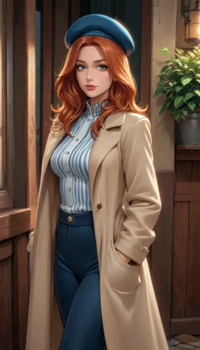 (reiq), highly sexy and seductive young French mom, ((wearing white with navy-blue horizontal stripes Breton striped shirt, tailored navy trousers)), 30yrs, dark ginger wavy bob hairstyle, ((wearing an beret)), ((wearing a beige trench coat over her shirt)), round face, grey eyes, slightly snub nose, plump cherry lips, pointy chin, long neck, sloping shoulders, slim waist, round ass, hourglass figure, accurate, perfect shaped long slightly fat legs, short height, wearing Breton striped shirt, tailored navy trousers, outside, standing alone