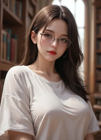 plump woman, oversized shirt, glasses, seductive eyes, red lips, soft and tender, dimly lit library, dynamic angle