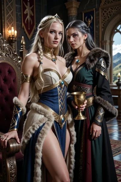 A beautiful adult Æsir princess stands in a magnificent royal hall in Asgard, in a dark mythic fantasy world inspired by Norse legend and heroic sword-and-sorcery. She is in her mid-twenties, tall, regal and powerful, with fair skin, striking blue-gray eyes, and long pale blonde hair braided with gold rings and small runic ornaments. Her features are noble, elegant and strong, and her expression is calm, proud and self-assured. She wears luxurious Asgardian royal clothing, a finely woven ivory and deep blue bikini layered with rich wool, linen and fur, fitted but regal, with embroidered knotwork, gold trim, heavy arm rings, rings, a broad gold neck collar, and a delicate circlet shaped with subtle raven and sun motifs. One hand rests on the carved arm of a great wooden throne, the other holds a ceremonial golden cup.

Behind and slightly beside her stands her female Æsir sorceress, advisor and lover. She is an equally beautiful adult woman, slightly taller, long ash-blonde hair, pale gray eyes, and an intense, unreadable expression. She wears layered robes in black, deep green and muted crimson, trimmed with fur and embroidered with runes and knotwork, adorned with gold jewelry, carved amber, and a small talisman shaped like a raven or serpent. She stands far closer than a mere advisor should, one hand resting lightly and possessively at the princess’s waist as she leans toward her ear as if whispering private counsel. The princess’s relaxed posture and faint private smile reveal intimacy, trust and conspiracy between them.

Subtle magic surrounds the sorceress, faint drifting mist around her fingers, a dim cold blue glow in her eyes, and the ghostly suggestion of ancient runes or a great spectral serpent or raven hidden in the shadows behind her. The hall is unmistakably Asgardian, towering carved wooden pillars, knotwork beams, braziers burning with warm firelight, banners, furs, shields and ceremonial spears on the walls, intricate carvings of gods and heroes, polished stone and wood floors, and distant arches opening toward a dramatic sky, mountains and golden light. The atmosphere is majestic, ancient, luxurious and dangerous, with the feeling of royal intrigue and old magic. Cinematic full-body composition, princess dominant in the foreground, sorceress intimately behind her, realistic anatomy, dramatic lighting, richly detailed fabrics, jewelry and architecture, photorealistic dark mythic fantasy, epic fantasy film still.