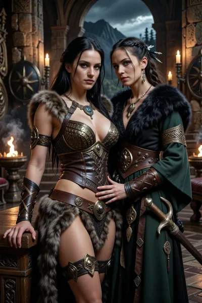 A beautiful adult Cimmerian princess stands in the great hall of a chieftain in Cimmeria, in a dark sword-and-sorcery world inspired by Conan. She is in her mid-twenties, tall, strong and regal, with pale weathered skin, storm-gray eyes, long thick raven-black hair, proud delicate features, and a calm, self-assured expression. She is beautiful in a fierce northern way, more powerful and delicate. She wears luxurious but harsh Cimmerian armor suited to a brutal land, a tight fitted ornate bronze chainmail bikini snugly containing her ample bosom layered with leather and heavy fur, fitted enough to show rank without looking modern, decorated with bronze clasps, arm rings, belts and carved bone or stone jewelry. One hand rests on the carved arm of a heavy wooden throne.

Behind and slightly beside her stands her female Cimmerian shaman, advisor and lover. She is an equally beautiful adult woman, slightly taller, with pale skin, dark hair braided with bone beads and feathers, piercing gray eyes, and an intense, unreadable expression. She wears layered black, charcoal and deep forest-green robes of wool, fur and leather, decorated with runes, talismans, carved bone charms, antler pieces and ancient tribal symbols. She stands far closer than a mere advisor should, one hand resting lightly and possessively at the princess’s waist as she leans toward her ear as if whispering private counsel. The princess’s relaxed posture and faint private smile reveal intimacy, trust and conspiracy between them.

Subtle ancient magic surrounds the shaman, faint mist around her fingers, a dim cold blue-gray glow in her eyes, and the ghostly suggestion of a wolf, raven or shadowy ancestral spirit hidden in the darkness behind her. The hall is unmistakably Cimmerian, massive timber beams, rough stone walls, carved wooden pillars, animal pelts, shields, spears, bronze braziers, smoky firelight, long benches, ancient banners, and a distant opening showing bleak mountains, dark forests and a storm-heavy sky. The atmosphere is harsh, ancient, intimate and dangerous, with the feeling of tribal power, old bloodlines and forbidden northern magic. Cinematic full-body composition, princess dominant in the foreground, shaman intimately behind her, realistic anatomy, dramatic firelight and cold northern light, richly detailed fur, leather, wood and stone textures, photorealistic dark fantasy, epic sword-and-sorcery film still.