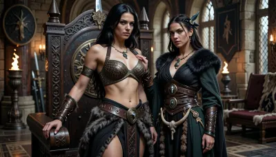 A beautiful adult Cimmerian princess stands in the great hall of a chieftain in Cimmeria, in a dark sword-and-sorcery world inspired by Conan. She is in her mid-twenties, tall, strong and regal, with pale weathered skin, storm-gray eyes, long thick raven-black hair, proud delicate features, and a calm, self-assured expression. She is beautiful in a fierce northern way, more powerful and delicate. She wears luxurious but harsh Cimmerian noble clothing suited to a brutal land, a dark wool loincloth layered with leather and heavy fur, fitted enough to show rank without looking modern, decorated with knotwork embroidery, bronze clasps, arm rings, belts and carved bone or stone jewelry, and a tight fitted ornate bronze chainmail bikini top snugly containing her ample bosom. One hand rests on the carved arm of a heavy wooden throne.

Behind and slightly beside her stands her female Cimmerian shaman, advisor and lover. She is an equally beautiful adult woman, slightly taller, with pale skin, dark hair braided with bone beads and feathers, piercing gray eyes, and an intense, unreadable expression. She wears layered black, charcoal and deep forest-green robes of wool, fur and leather, decorated with runes, talismans, carved bone charms, antler pieces and ancient tribal symbols. She stands far closer than a mere advisor should, one hand resting lightly and possessively at the princess’s waist as she leans toward her ear as if whispering private counsel. The princess’s relaxed posture and faint private smile reveal intimacy, trust and conspiracy between them.

Subtle ancient magic surrounds the shaman, faint mist around her fingers, a dim cold blue-gray glow in her eyes, and the ghostly suggestion of a wolf, raven or shadowy ancestral spirit hidden in the darkness behind her. The hall is unmistakably Cimmerian, massive timber beams, rough stone walls, carved wooden pillars, animal pelts, shields, spears, bronze braziers, smoky firelight, long benches, ancient banners, and a distant opening showing bleak mountains, dark forests and a storm-heavy sky. The atmosphere is harsh, ancient, intimate and dangerous, with the feeling of tribal power, old bloodlines and forbidden northern magic. Cinematic full-body composition, princess dominant in the foreground, shaman intimately behind her, realistic anatomy, dramatic firelight and cold northern light, richly detailed fur, leather, wood and stone textures, photorealistic dark fantasy, epic sword-and-sorcery film still.