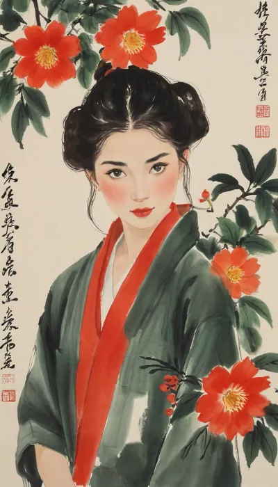 Gwen Tennyson, portrayed with the artistic essence of Qi Baishi's renowned brushwork, wearing a kimono, Using minimal strokes, Qi Baishi's signature style brings out Gwen's character, emphasizing its curiosity and independence. Gwen might be depicted in a simple yet evocative setting, surrounded by delicate depictions of flora or objects that offer a glimpse into its world.The overall scene carries a sense of whimsy and an appreciation for the beauty in everyday life, gwen, tennyson, (/Ben10), /, (ultra, HD, quality, details), bright, orange, hair, short, (green, eyes), style, of, Qi, Baishi, baishi, <lora:tbh170-sdxl:2>, <lora:baishi_xl_0_-000004:2>