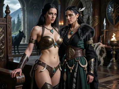 A beautiful adult Cimmerian princess stands in the great hall of a chieftain in Cimmeria, in a dark sword-and-sorcery world inspired by Conan. She is in her mid-twenties, tall, strong and regal, with pale weathered skin, storm-gray eyes, long thick raven-black hair, proud delicate features, and a calm, self-assured expression. She is beautiful in a fierce northern way, more powerful and delicate. She wears luxurious but harsh Cimmerian armor suited to a brutal land, a tight fitted ornate bronze bikini snugly containing her ample bosom, decorated with bronze clasps, arm rings, belts and carved bone or stone jewelry. One hand rests on the carved arm of a heavy wooden throne.

Behind and slightly beside her stands her female Cimmerian shaman, advisor and lover. She is an equally beautiful adult woman, slightly taller, with pale skin, dark hair braided with bone beads and feathers, piercing gray eyes, and an intense, unreadable expression. She wears layered black, charcoal and deep forest-green robes of wool, fur and leather, decorated with runes, talismans, carved bone charms, antler pieces and ancient tribal symbols. She stands far closer than a mere advisor should, one hand resting lightly and possessively at the princess’s waist as she leans toward her ear as if whispering private counsel. The princess’s relaxed posture and faint private smile reveal intimacy, trust and conspiracy between them.

Subtle ancient magic surrounds the shaman, faint mist around her fingers, a dim cold blue-gray glow in her eyes, and the ghostly suggestion of a wolf, raven or shadowy ancestral spirit hidden in the darkness behind her. The hall is unmistakably Cimmerian, massive timber beams, rough stone walls, carved wooden pillars, animal pelts, shields, spears, bronze braziers, smoky firelight, long benches, ancient banners, and a distant opening showing bleak mountains, dark forests and a storm-heavy sky. The atmosphere is harsh, ancient, intimate and dangerous, with the feeling of tribal power, old bloodlines and forbidden northern magic. Cinematic full-body composition, princess dominant in the foreground, shaman intimately behind her, realistic anatomy, dramatic firelight and cold northern light, richly detailed fur, leather, wood and stone textures, photorealistic dark fantasy, epic sword-and-sorcery film still.