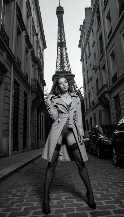 A striking, professional black-and-white street photography shot in Paris. A woman is posing gracefully in the center of a narrow, historic cobblestone alleyway. She is wearing a stylish trench coat left open, revealing sophisticated lingerie and lace-top stockings with heels. Her posture is elegant, with one arm slightly raised near her head. In the background, the iconic Eiffel Tower rises majestically between the tall, classic Haussmann-style buildings that frame the scene, creating a strong vanishing point. High contrast, cinematic lighting, sharp focus on the subject, dramatic mood, fine film grain, street fashion style, artistic composition.