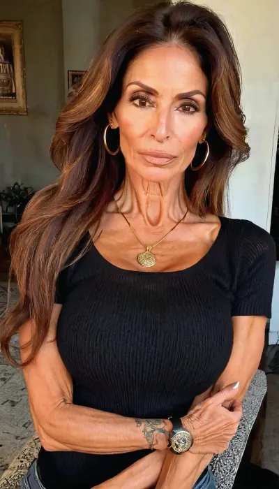 lazy eye, huge fake tits cleavage, pov lapdance, turtleneck knit sweater, ((old, 50yo)), handcuffed, gold hoop earrings, nose ring, tattoos, sexy neck, ((old brown hair mom woman)), (tan skin), (skinny muscle), (beautiful Mexican instagram model face), (fit body), very beautiful, perfect skinny body, perfect face, looking at the camera, perfect eyes, (skinny fit), pretty, snub-nosed, long hair, 4ng3l, face, <lora:clothed_small:1.8>, <lora:SDXL_BetterFaces-LoRA_v1:.8>