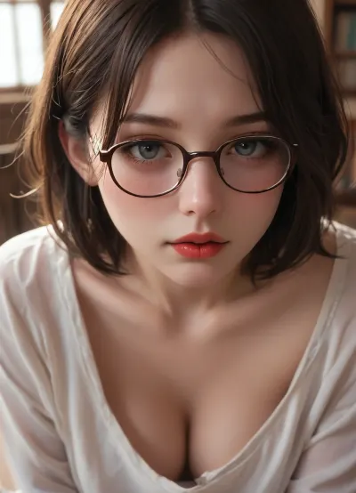 plump woman, oversized shirt, close-up cleavage, downblouse, glasses, seductive eyes, red lips, soft and tender, dimly lit library, dynamic angle