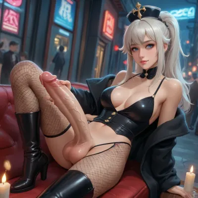 barbara from genshin impact dross style reiq meets amazing quality, very aesthetic, absurdres, newest, SP-Illuscore_9, score_8_up, score_7_up, score_6_up, a woman, extreme long hair, sophisticated hairstyle, straight sleek hair, white Hair, perfect face, perfect eyes, tall, slim, sexy girl, pale skin, beautiful eyes, vampire cape, royal black suit with deep plunging neckline, deep plunging neckline slingshot style, bare midriff, black Shirt, jacket, jacket off one shoulder, bare hips, fishnet tights, string buttons, fuck me boots, ass peak, cammle toe, cloths not focus, dynamic angle, close up, flirting, sensual, smirk, big boobs, cleavage, naval, black suit, BREAK, night, night club, neon lights, candles, g0thicPXL, glowing, Expressiveh, Style-Volumetric, futanari, mastrubation, erect penis, hard penis, sagging testicles, veiny cock, leaking precum, throbbing cock