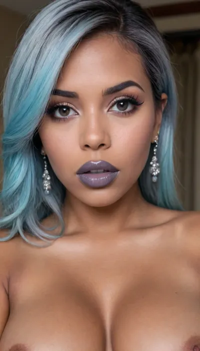 Insanely close up detailed photo of an latin 28-year-old girl, (((blue hairs))), curvy body, latina, black straight hairs, full lips, (((grey lipstick))), very big eyes, eyes shade make up, dark skin, (dark skin cinnamon), (nude:1.2), (naked:1.3), (((no clothes))), (((with elastic big breasts))), (((bubble earrings))), (different poses), (showing her butts), (pussy visible:1.3), sexy, beautiful, tanned, with a perfect face, detailed face, orgasm face, (detailed hair, light hairstyle:1.1), (shiny dark skin body, realistic sweat:1.1), straight hairs, black hairs, earrings, nose earrings, Looking at the camera, in a dark room, lots of details, three-dimensional, epic, clear focus, depth of field, professional lighting, full view, 8k photography, HDR, the picture was taken on Canon EOS R5, 75 mm lens