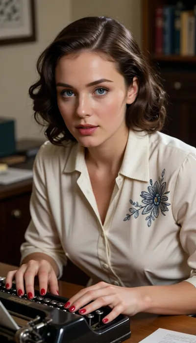 Plan rapproché buste, focale 85mm f/1.8 pour un flou d'arrière-plan très doux, (bokeh), . Rendu photo argentique 35mm sur le thème une journée de travail au bureau. Le grain de la pellicule Kodachrome 50s look, est bien visible, créant un bruit bien perceptible surtout sur les zones les moins éclairées, renforçant l'effet argentique, et donnant l'illusion que c'est une photo prise dans les années 1950.

Une jeune femme très élégante, au style rétro affirmé des années 50, coiffée d'un brushing volumineux et souple. ses grands yeux bleus, parfaitement symétriques sont d'une incroyable candeur, et l'on comprend tout de suite qu'elle sort à peine de l'école de secrétariat. Son visage est fin, elle n'a pas encore l'habitude de travailler.
Ses mains aux ongles manucurés, avec un vernis à ongle rouge pale, sont posées -à l'exception du pouce, sur les touches d'une machine à écrire mécanique Remington vintage noire, posée sur un bureau en teck. Chaque doigt est à sa place, cherchant à respecter les consignes de ses cours de dactylographie. Elle et concentrée sur sa machine, hésitant entre chaque lettre à taper. Son attitude hésitante trahit son inexpérience, mais aussi sa volonté de bien faire. Son visage exprime autant la timidité que l'ingénuité. Il est évident que c'est son premier jour de travail. Son maquillage est simple et peu recherché, elle n'a pas encore tous les usages du monde du travail.

Elle porte en soie fluide couleur, parfaitement boutonnée jusqu'en haut de son cou, et bien ajusté, et porte un foulard noué autours du col avec précaution, à la manière d'une cravate, à la fois stricte et féminine. La texture du tissu en soie hyper-détaillée avec de légers reflets sous la lumière.

Éclairage chaud de fin d'après-midi filtrant à travers des stores vénitiens, créant des ombres douces et tamisées. Arrière-plan flou composé de boiseries sombres et de classeurs en cuir.