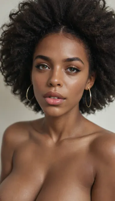 a amateur photo of a Afro woman, (deep black skin), Dark black woman, wide jaw, squared face, ((huge meaty lips)), (((swollen lips))), bloody lips, mystic, (profile picture), showing long tongue, busty, sensual lady, sensuous smile, mouth open wide