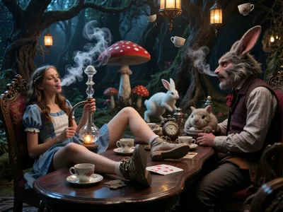 Ultra cinematic storybook fantasy realism, a surreal Victorian wonderland tea party deep inside a dark enchanted forest. Alice, 23 years old, sits on the left side of a long crooked tea table, leaning far back in an ornate chair, fully relaxed and mischievously chilled. Her shoes rest casually on the table edge among porcelain cups and playing cards, In her right hand, a prominent crystal glass hookah with clear reservoir, glowing tobacco in a small shallow bowl. Alice exhales dense white smoke that curls around her face and drifts into the warm lantern light, Gentle dreamy half-smile. The Mad Hatter opposite her stays theatrically animated but natural in the eyes. The March Hare beside him looks disheveled, shaggy grey-brown fur, one bent ear, reddened eyes, worn waistcoat. The Dormouse curls in a teacup. The white rabbit rushes behind with a pocket watch. Oversized red mushrooms, twisted trees, hanging lanterns, floating cups, magical steam and smoke mixing. whimsical madness, elegant chaos, rebellious surreal fairy tale mood, dramatic low-key cinematic lighting