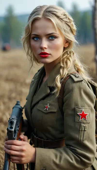 Soviet sniper woman od II World.Wr, Full Body, Full view, blonde hair, Blue eyes, red lip stock, Glamour make-up, on battlefield, fucked by german soldiers, lyingfloor, <lora:MJ52:.8>, <lora:SNIPER_RIFLE__BY_STX:.8>