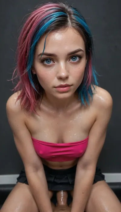 cute 18 year old girl, emo, goth, egirl, freckles, small firm breast, tiny waist, tiny hips, wide eyes, petite, small perky tits, blue hair, wet hair, pov, wide view, upward angle view, looking into eyes, cowgirl fucking, sitting on a black cock, naked, horny face, leaning forward, pink tube top, black mini skirt, pink hair, super tight clothing, small clothes, realistic textures, 4K resolution, making eye contact, (shiny oiled skin:1.5), very detailed face, eye contact, vibrant colors